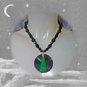 Black Necklace with Vintage Beads, Large Pendant - OOAK Statement Repurposed